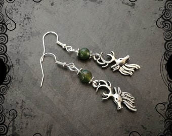Stag deer earrings with moss agate, Herne, Cernnunos, pagan god, forest