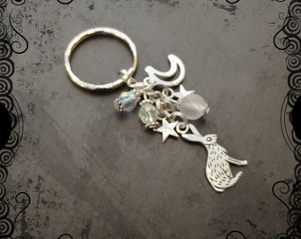 Magical hare, moon & stars keychain key ring, pagan, totem, witch, faery