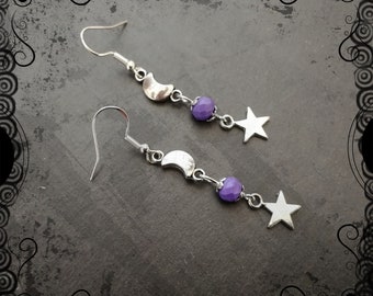 Lavender moon & star drop earrings, celestial, astrology, astronomy, goddess