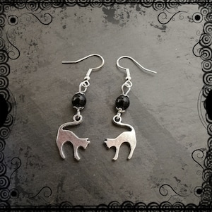 Witch&#39;s familiar cat dangle earrings, black agate, pagan, Wiccan jewellery, Samhain.