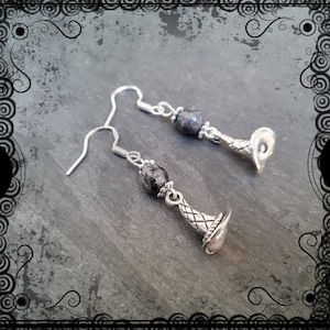 Cute witch or wizard&#39;s hat earrings with black moonstone, larvikite, .925 wires, Halloween, Samhain