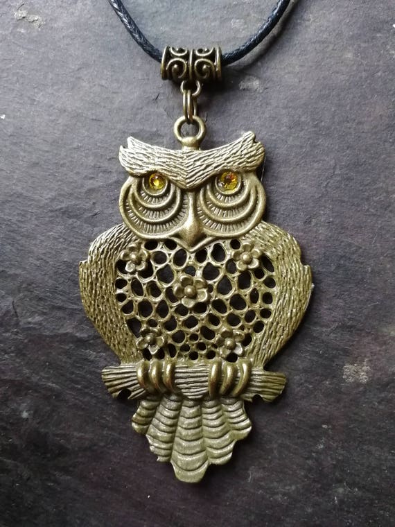 pagan on a cord myth golden eyes witchy totem Bronze Owl Blodeuwedd pendant