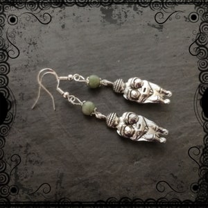 Venus of Willendorf primitive goddess earrings with green jade, .925 stamped wires, pagan, Wiccan