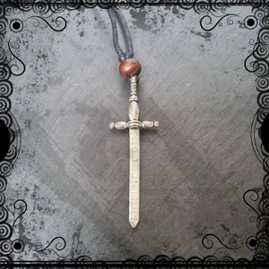 Sword pendant with wooden bead on cord, unisex, battle, medieval jewelry, LARP jewellery