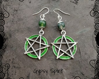 Large green witch pentacle dangle earrings with moss agate, pagan, druid, Wiccan jewellery, earth element, .925 wires