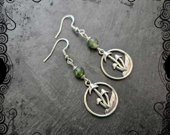 Triple mushroom earrings with moss agate, magic, nature jewellery