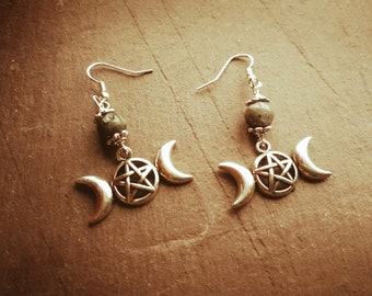 Dreifache Mond Pentagramm Ohrringe mit schwarzem Mondstein, Göttin, Wicca, heidnisch, .925 Ohrhaken