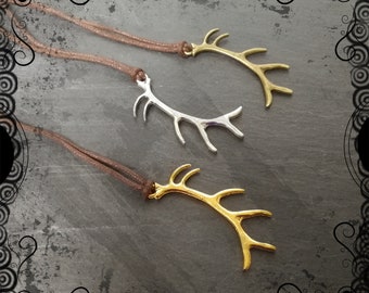 Stag antler pendant on thick brown cord, pagan, Herne, Cernunnos, deer, shaman, choice of silver, bronze, gold
