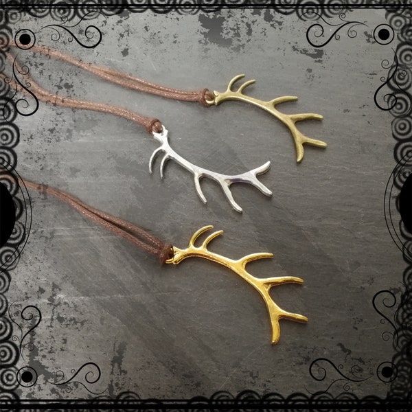 Stag antler pendant on thick brown cord, pagan, Herne, Cernunnos, deer, shaman, choice of silver, bronze, gold