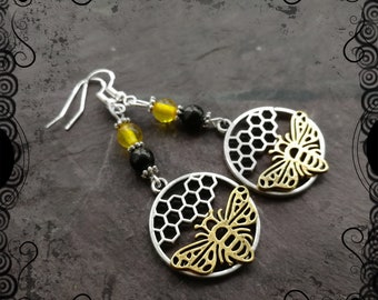 Bee and honeycomb earrrings, amber and jet, goddess, Melissae, witches, pagan, nature, .925 wires