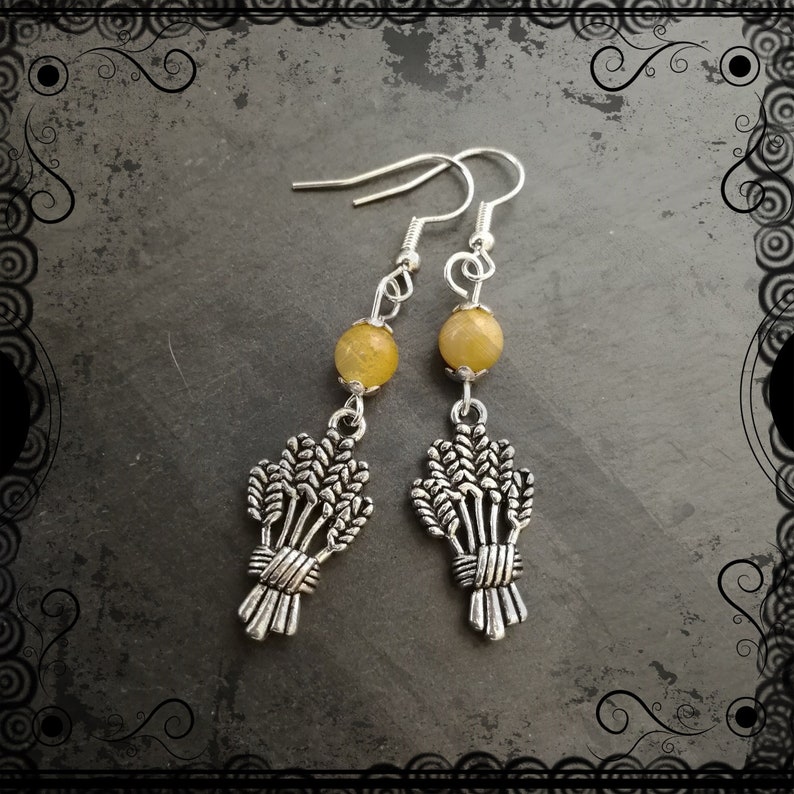 Wheat sheaf earrings with yellow jade, Demeter, goddess, Mabon, harvest. ,925 wires image 2