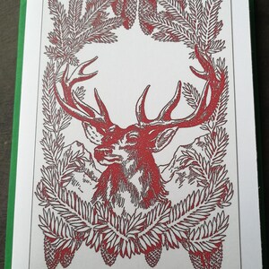 May include: A red and white illustration of a deer head with antlers framed by a wreath of pine branches and pine cones.