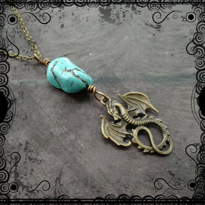 bronze wire wrapped on a bronze chain myth Fantasy magic Bronze dragon necklace with turquoise nugget pagan druid.