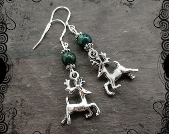 Stag deer and moss agate earrings, forest, woodland, spirit animal, pagan, Cernunnos