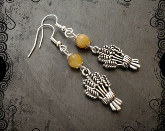 Wheat sheaf earrings with yellow jade, Demeter, goddess, Mabon, harvest. ,925 wires