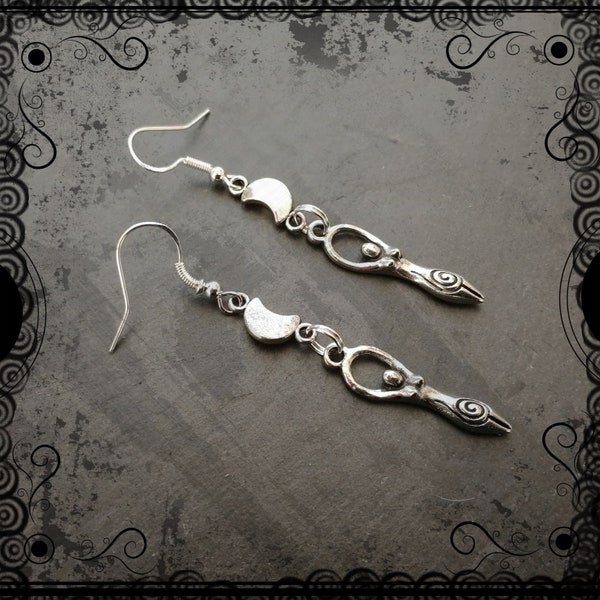 Silver moon goddess drop earrings, Wiccan, pagan jewellery