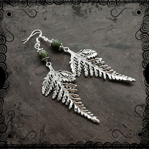 Large fern earrings with serpentine, plant spirit, boho, hippie, pagan, woodland, forest