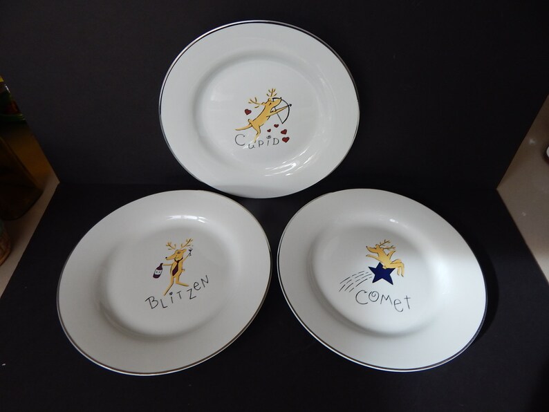Set Of 3 Pottery Barn Reindeer Christmas Dinner Plates New Etsy