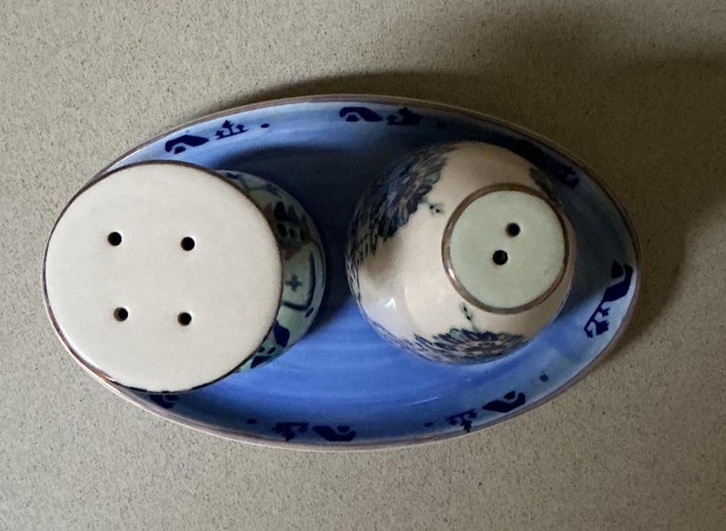 May include: A ceramic salt and pepper set with a blue and white floral design. The set includes two shakers and a matching oval-shaped tray. The shakers have a white top with holes for dispensing the contents.