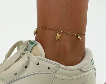 Bracelet de cheville en argent sterling, or, étoile et coquillages