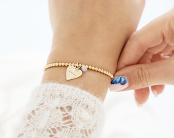 Gold Plated Engraved Heart Charm Stretch Bead Bracelet