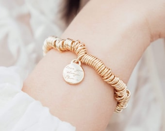 Personalised Gold Plated Stretch Bracelet with Engraved Charm