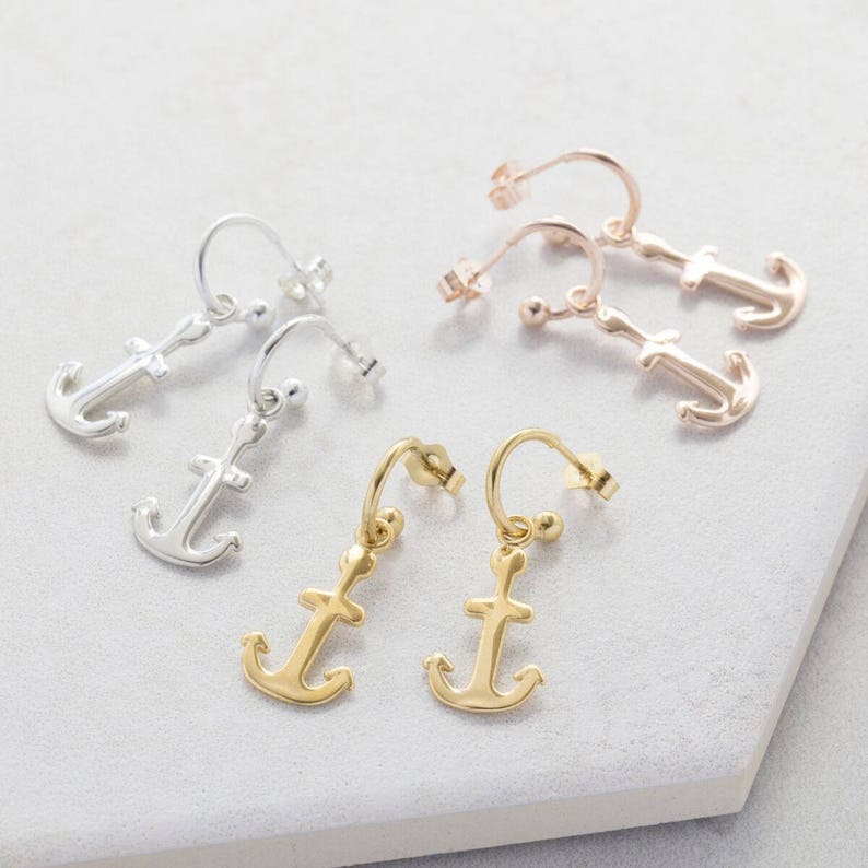 Anchor Hoop Earring, Nautical gift, Anchor Jewellery, Small hoop earring, Charm hoop earrings, Anchor gift, Best friend gift image 4