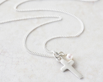 Silver Cross Necklace, silver cross pendant, organic cross necklace, girls cross necklace, small cross necklace, christening gift