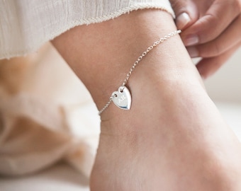 Engraved Heart Anklet, Sterling Silver Charm, Personalized Initial Ankle Chain