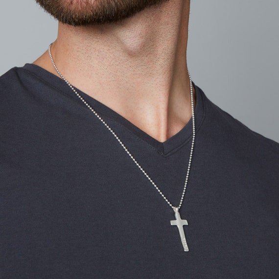 Mens silver cross necklace engraved deals