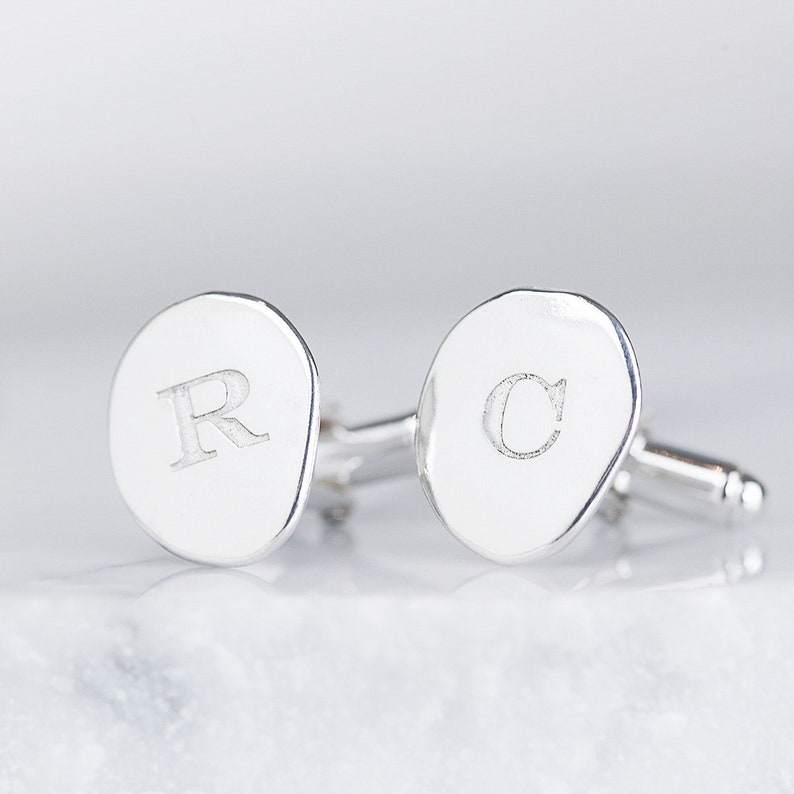 Personalised Men's Organic Initial Cuff links, Anniversary gifts for him, Sterling silver oval cufflinks, custom gift for him, Fathers day image 2