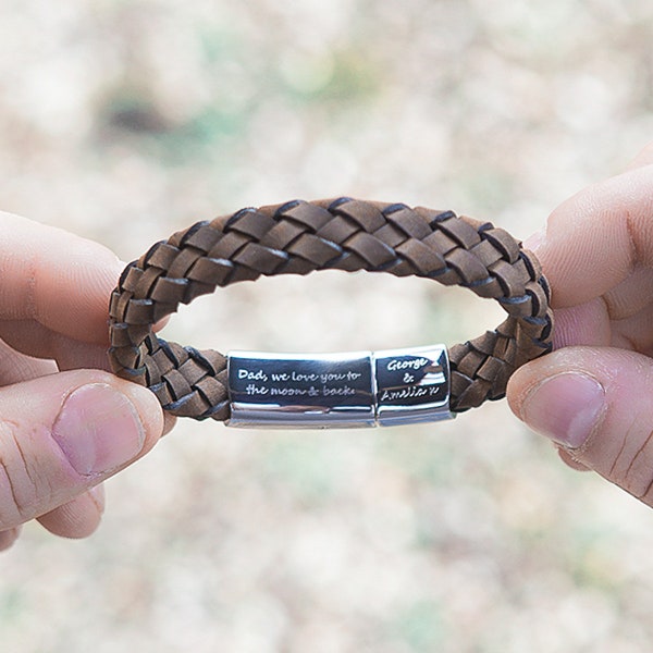 Personalised Brown Mens Secret Message Bracelet, Hidden Message Leather Bracelet, Unique Wedding Gift, Mens Woven Bracelet, Gift for Dad