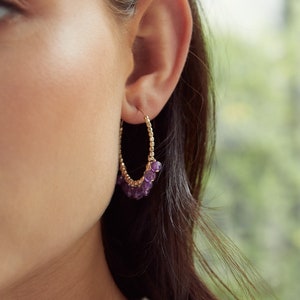 February Amethyst Birthstone Hoop Earrings, Large Beaded Hoop Earrings, Birthstone Jewellery Gift, Tourmaline Earrings, Statement Earrings