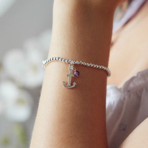 Beaded Anchor and Birthstone Charm Bracelet, Travel Bracelet, Anchor Jewelry, Anchor Jewellery, Adventure Gift, Travel Gift, Travelling Gift