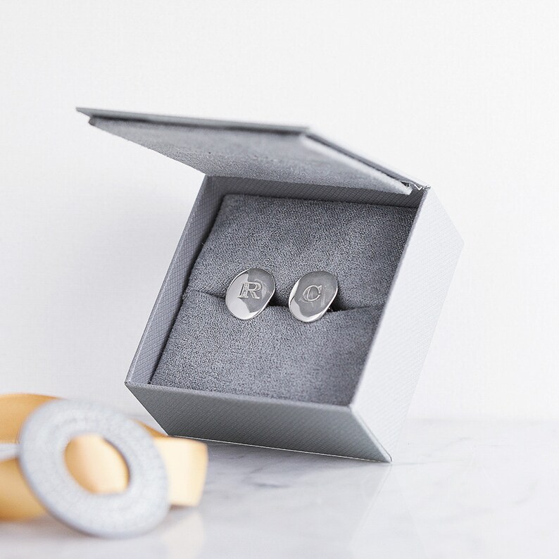 Personalised Men's Organic Initial Cuff links, Anniversary gifts for him, Sterling silver oval cufflinks, custom gift for him, Fathers day image 3