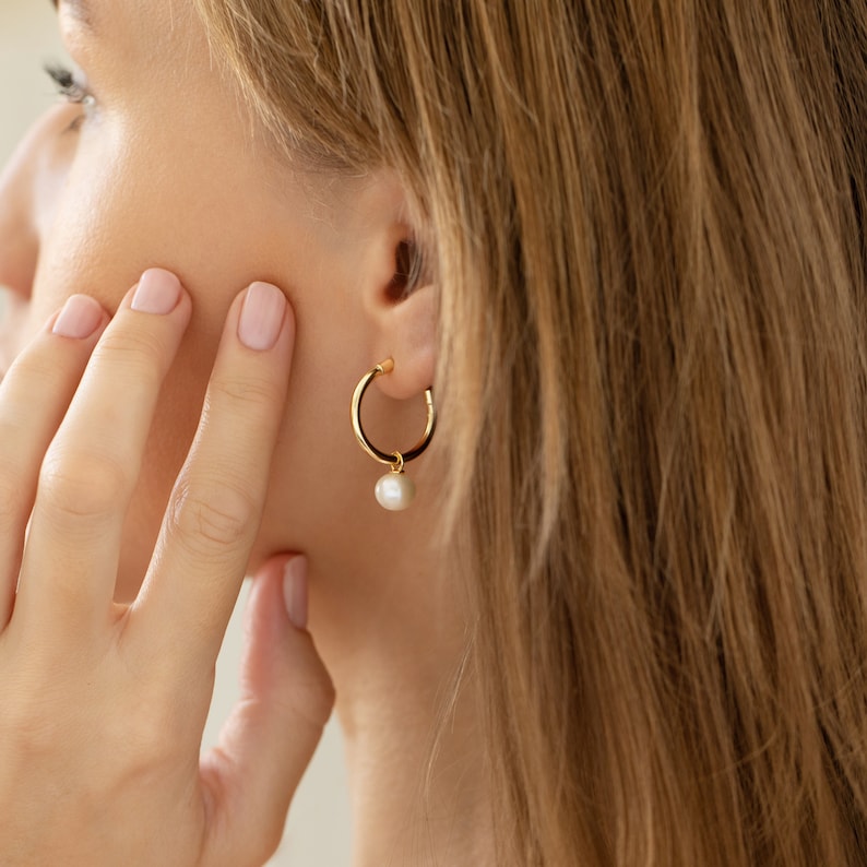 Large Pearl Hoop Earring Silver or Gold image 2