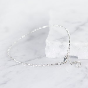 May include: A delicate silver chain anklet with a lobster clasp closure. The chain is made of small, round beads.