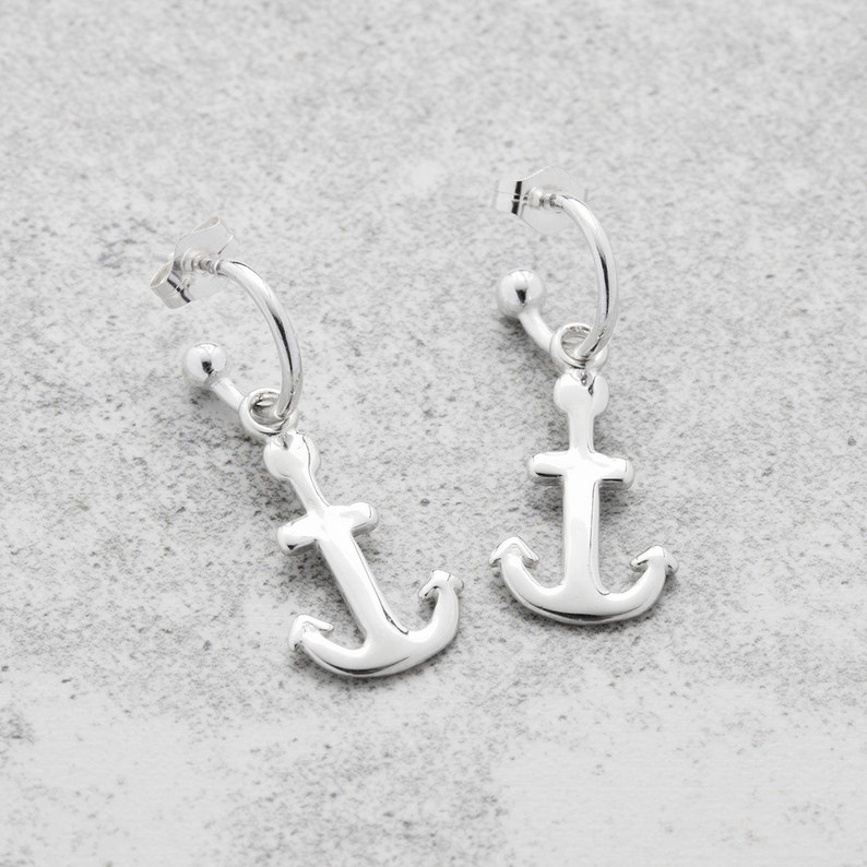 Anchor Hoop Earring, Nautical gift, Anchor Jewellery, Small hoop earring, Charm hoop earrings, Anchor gift, Best friend gift image 2