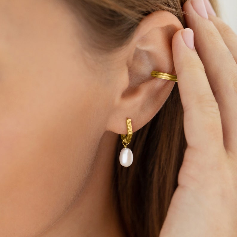 Hexagonal Pearl Drop Huggie Hoop Earrings Silver or Gold image 1