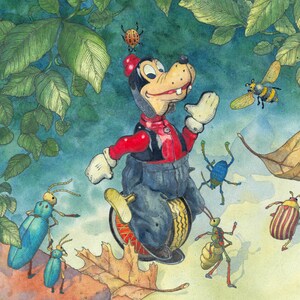 May include: Watercolor illustration of a cartoon character on a unicycle, surrounded by various insects and autumn leaves. The character wears a red and black outfit with a red hat. The background features green foliage and a blue-green sky.