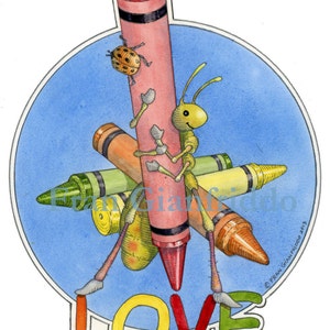 May include: A colorful illustration of a green grasshopper holding onto a red crayon. The grasshopper is standing on top of other crayons, including yellow, orange, and green. The word "LOVE" is written in colorful letters at the bottom of the image.
