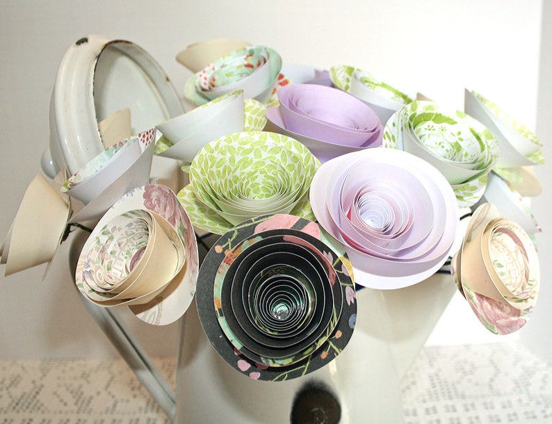 Pastel Paper Flowers 2 Dozen Stemmed Wedding Flower Bouquet Paper Bouquet Rolled Roses Wedding Decor Bridal Flowers Paper Flowers