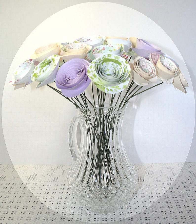 Pastel Paper Flowers 2 Dozen Stemmed Wedding Flower Bouquet Paper Bouquet Rolled Roses Wedding Decor Bridal Flowers Paper Flowers