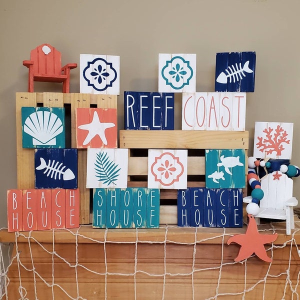 Coral and Teal, Tiered Tray, Small Beach Signs, Beach House, Shore House, Gift For Her, Reef, Shelf Sitter, Kitchen Decor, Basket Sign