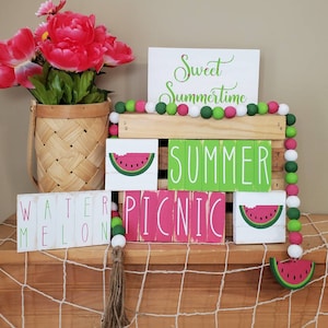 Hand Painted Watermelon Tiered Tray Decor, Wood Bead Garland