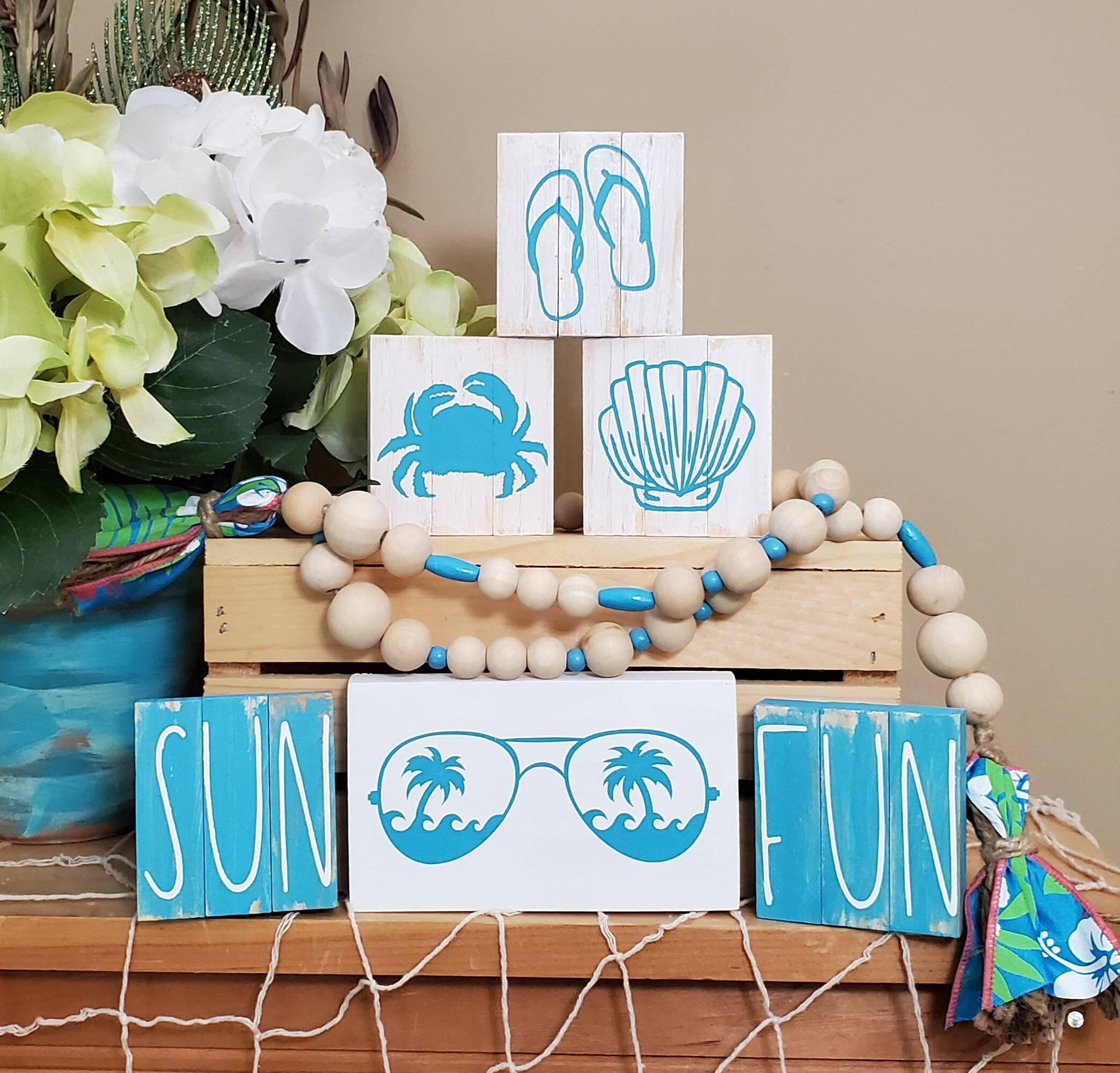 Beach House, Tiered Tray, Wood Signs, Sun, Fun, Small Sign, Beach, Bead Garland, Flip Flop Decor, Kitchen Decor, Shelf Sitter, Mini Sign