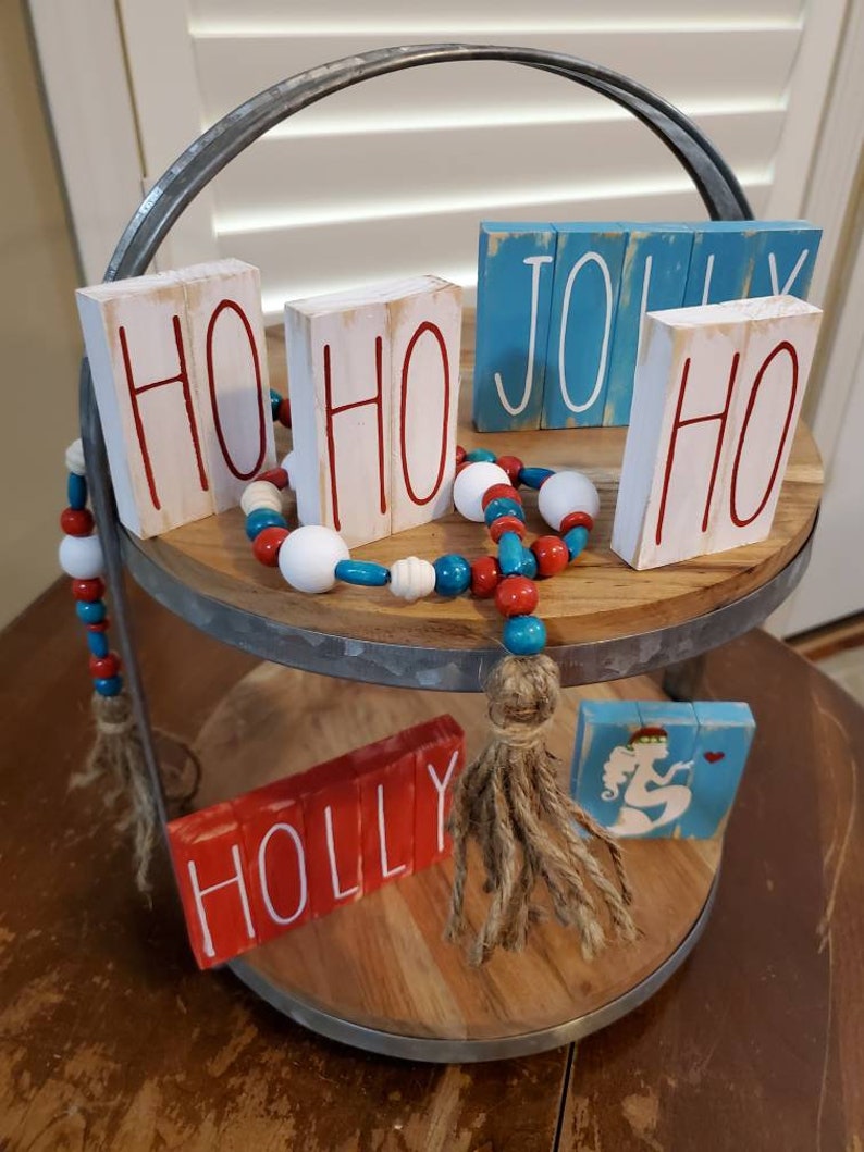 Bead Garland Garland With Tassel Christmas Decoration Wooden Bead Garland Gift for Her Red and Blue Tiered Tray Decor Boho Home Decor
