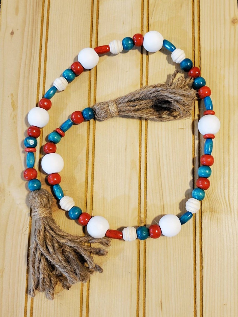 Bead Garland Garland With Tassel Christmas Decoration Wooden Bead Garland Gift for Her Red and Blue Tiered Tray Decor Boho Home Decor