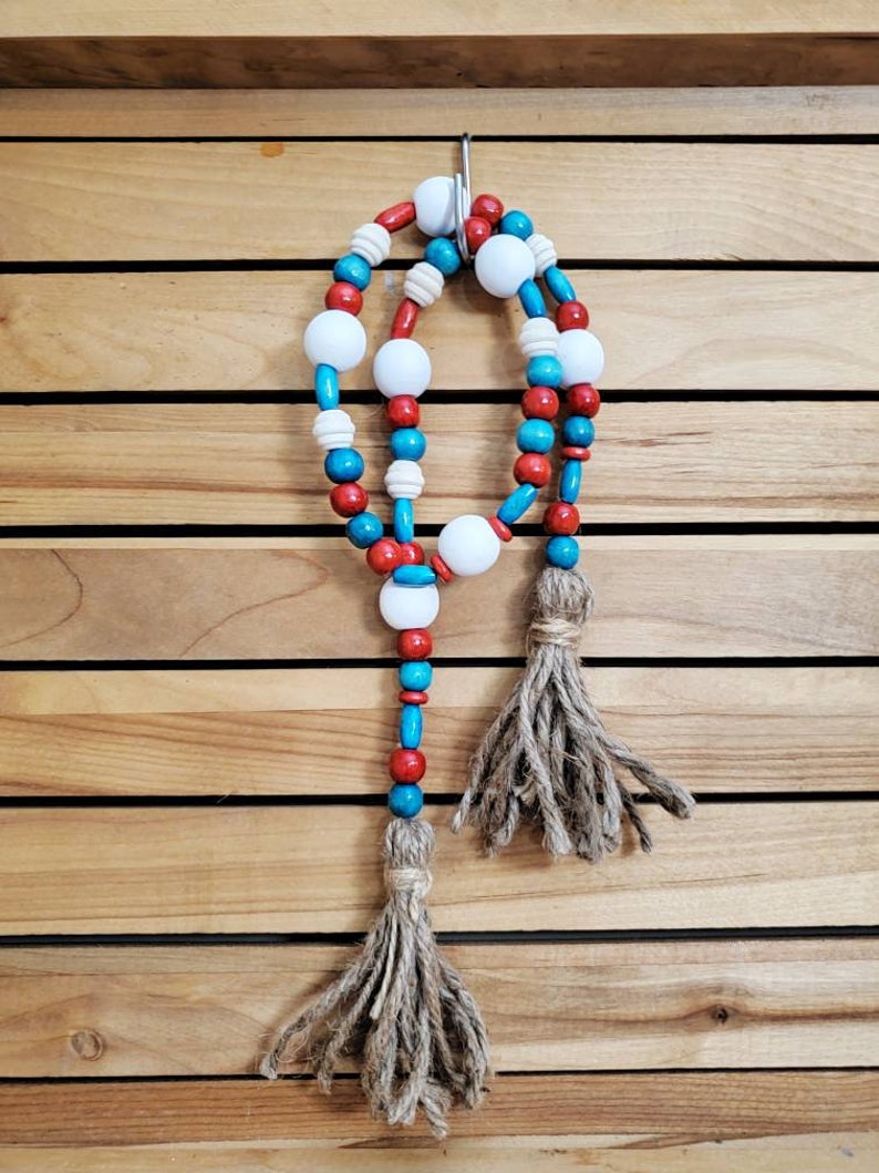 Bead Garland Garland With Tassel Christmas Decoration Wooden Bead Garland Gift for Her Red and Blue Tiered Tray Decor Boho Home Decor