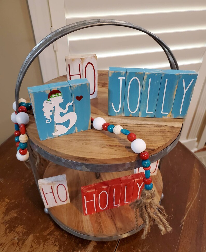 Bead Garland Garland With Tassel Christmas Decoration Wooden Bead Garland Gift for Her Red and Blue Tiered Tray Decor Boho Home Decor